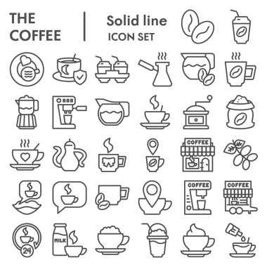 Kahve çizgisi simgesi seti. Kafein ya da kafe tabelaları koleksiyonu, eskizler, logo çizimleri, web sembolleri, beyaz arkaplanda izole edilmiş taslak stil piktogramlar paketi. Vektör grafikleri.