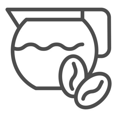 Çaydanlık ve kahve taneleri çizgisi simgesi. İki fasulye sembollü su ısıtıcısı, beyaz arka planda ana hatlı resim. Mobil konsept ve web tasarımı için kafein ya da kafe tabelası. Vektör grafikleri.