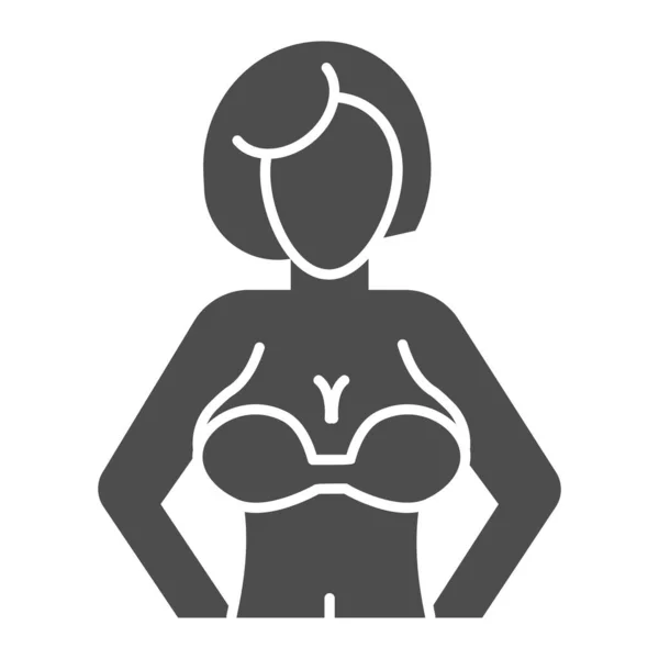 Woman with big breasts solid icon. Female figure glyph style pictogram on white background. Woman breast in a bra for mobile concept and web design. Vector graphics. — Stock Vector