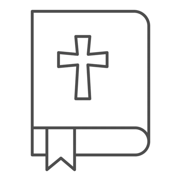 Biblijna ikona cienkiej linii. Book with the cross and bookmark outline style pictogram na białym tle. Znaki religijne dla koncepcji mobilnej i projektowania stron internetowych. Grafika wektorowa. — Wektor stockowy