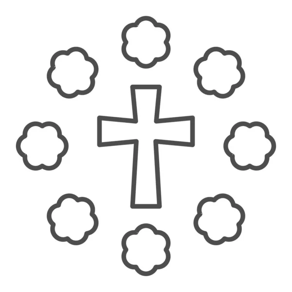 Cruz y flores icono de línea delgada. Decoración floral ovalada alrededor del crucifijo cristiano contorno pictograma estilo sobre fondo blanco. Feliz Pascua signos para el concepto móvil y el diseño web. Gráficos vectoriales . — Vector de stock