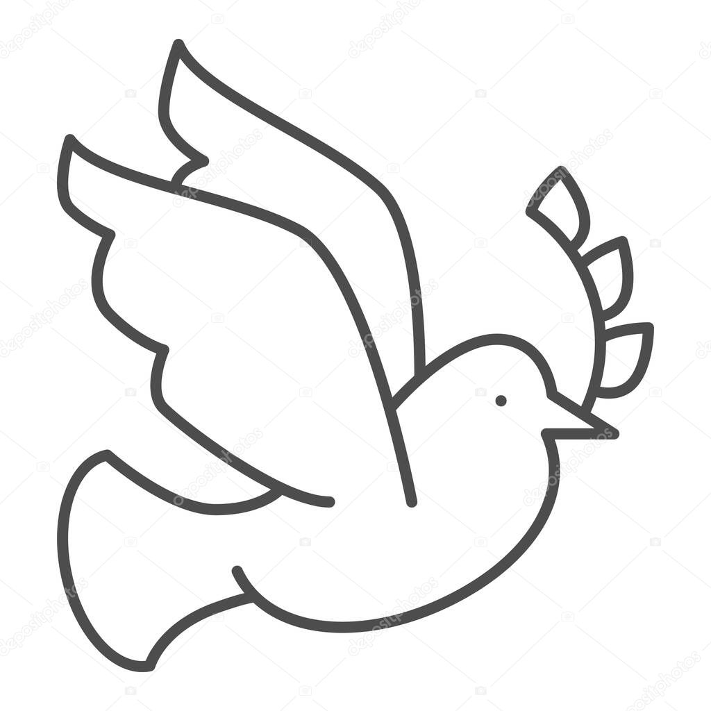 Dove with a wreath branch thin line icon. Pigeon carries an olive branch outline style pictogram on white background. Easter and bird dove peace for mobile concept and web design. Vector graphics.