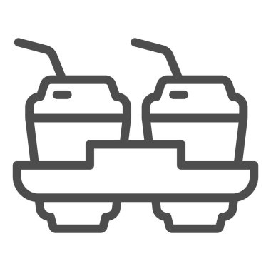 Kahve fincanı tutacağı çizgisi simgesi. Taşıma tepsisinde iki sıcak içecek, beyaz arka planda ana hatlı resim. Mobil konsept ya da web tasarımı için kafein ya da kafe tabelası. Vektör grafikleri.