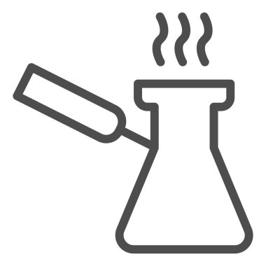 Kahve hindi çizgisi ikonu. Espresso sembolü demlemek için Türk bakır tenceresi, beyaz arka planda ana hatlı resim. Mobil konsept ve web tasarımı için kafein ya da kafe tabelası. Vektör grafikleri.