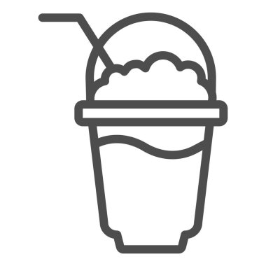 Latte cup line ikonu. Süt sembollü sıcak içecek kupası, beyaz arka planda ana hatlı resim. Sabah kahvaltısı ya da mobil konsept ve web tasarımı için kafe tabelası. Vektör grafikleri.