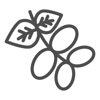 Çiğ kakao kabuğu ve tohum hattı ikonu. Kahve, yaprak ve tahıl sembolü, beyaz arka planda ana hatlı resim. Mobil konsept için doğa ya da kafe tabelası, web tasarımı. Vektör grafikleri.