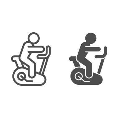 Egzersiz bisikleti çizgisi ve sağlam bir ikon. Sporcu sembollü sabit fitness döngüsü, beyaz arka planda ana hatlı resim. Mobil konsept ve web tasarımı için sağlıklı yaşam tarzı işareti. Vektör grafikleri.
