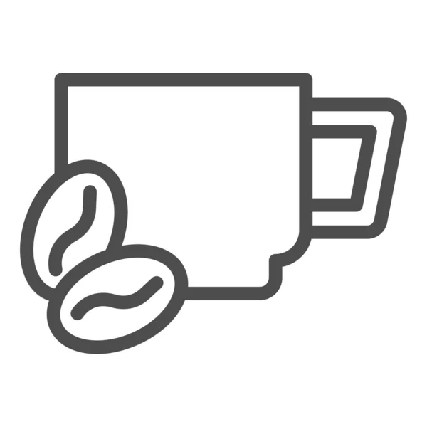 Tasse und Kakaobohnen reihen sich aneinander. Becher Heißgetränk mit Kaffeekörner-Symbol, Umrisspiktogramm auf weißem Hintergrund. Koffein oder Café-Zeichen für mobiles Konzept, Webdesign. Vektorgrafik. — Stockvektor