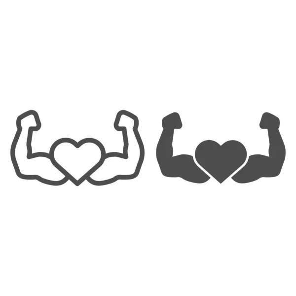 Sterke atleet handen lijn en solide pictogram. Hart met spierarmen symbool, omtrek stijl pictogram op witte achtergrond. Gezonde levensstijl of fitnessteken voor mobiel concept, webdesign. vectorgrafieken. — Stockvector