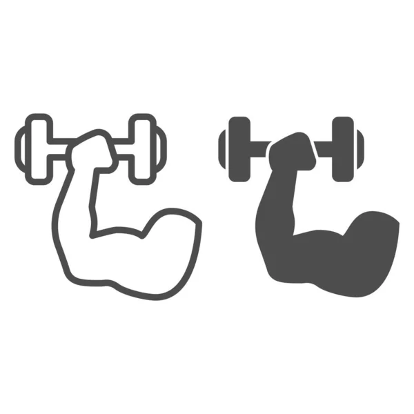 Muskelhand med vikter linje och fast ikon. Sport muskelarm hålla hantel symbol, skissera stil piktogram på vit bakgrund. Fitnessskylt för mobilt koncept och webbdesign. Vektorgrafik. — Stock vektor