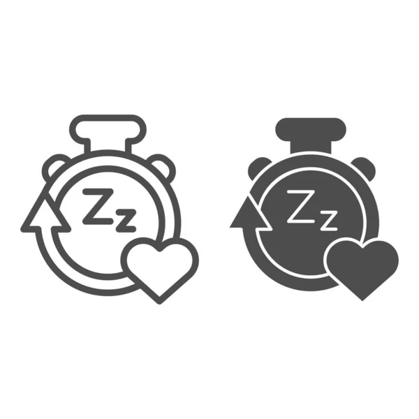 Uyku süresi takip hattı ve sağlam bir simge. Ok ve kalp sembollü Gadget, beyaz arkaplanda ana hatlı resim. Mobil konsept ve web tasarımı için sağlıklı yaşam tarzı işareti. Vektör grafikleri. — Stok Vektör
