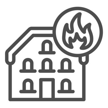 Yangın hattı ikonunda bir ev. Beyaz zemin üzerinde ateş çerçevesi ana hatlı resim çizimi olan ev. Ev içi ısıtma ya da taşınabilir konsept ve web tasarımı için yanan tehlike. Vektör grafikleri.