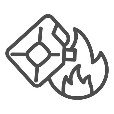 Kutu ve ateş hattı simgesi. Kundakçılık, beyaz arka planda alev anahatlı resim çizimi ayarlıyor. Yanıcı sıvılar için teneke kutu ve mobil konsept ve web tasarımı için ateş sembolü. Vektör grafikleri.