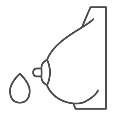 Kadın göğsü ince çizgi ikonu. Beyaz arka planda süt damlası olan bir kadın göğsü. Mobil konsept ve web tasarımı için annelik ve emzirme tabelaları. Vektör grafikleri.