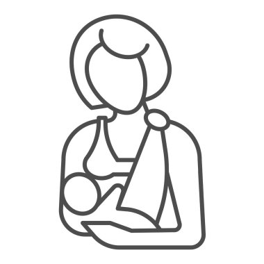 Anne çocuğu ince çizgi ikonu ile besliyor. Kadın, beyaz arka planda bebek siluetini besliyordu. Mobil konsept ve web tasarımı için emzirme işaretleri. Vektör grafikleri.