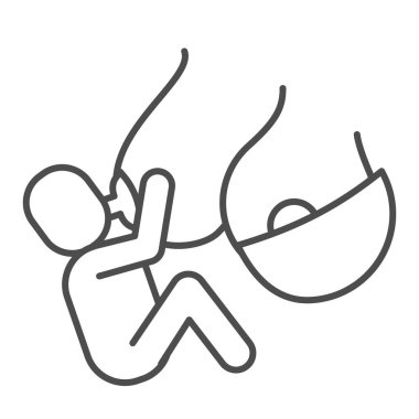 Emziren ince çizgi ikonu. Anne, beyaz arka planda çocuk taslak resim çizer. Mobil konsept ve web tasarımı için emzirme ve annelik belirtileri. Vektör grafikleri.