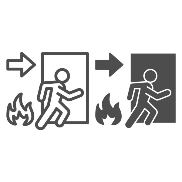 Feuerausstiegslinie und solides Symbol. Notfall Evakuierung Umriss Stil Piktogramm auf weißem Hintergrund. Flamme und Tür mit menschlicher Figur Warnschild für mobiles Konzept und Webdesign. Vektorgrafik. — Stockvektor