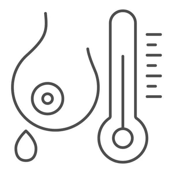 Termometer och bröstet tunn linje ikon. Kvinna bröst mjölk droppe skissera stil piktogram på vit bakgrund. Kvinnors hälsomärken för mobila koncept och webbdesign. Vektorgrafik. — Stock vektor