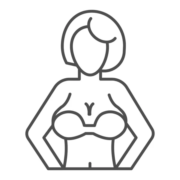 Mujer con grandes pechos icono de línea delgada. Figura femenina contorno estilo pictograma sobre fondo blanco. Mujer pecho en un sujetador para el concepto móvil y el diseño web. Gráficos vectoriales . — Archivo Imágenes Vectoriales