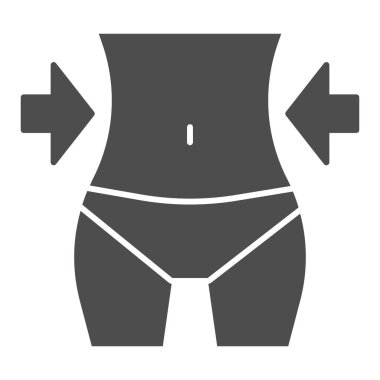 Kilo kaybı çizgisi ve sağlam bir ikon. Okları simgeleyen kadın fitness modeli, beyaz arkaplanda ana hatlı resim. Mobil konsept ve web tasarımı için sağlıklı yaşam tarzı işareti. Vektör grafikleri.