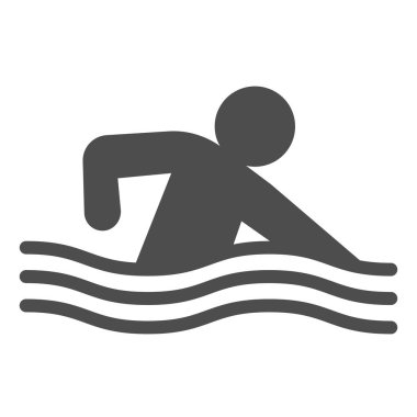Yüzme havuzu, deniz hattı ve sağlam bir ikon. Sporcu dalga sembolü ile suda yüzer, beyaz zemin üzerinde ana hatlı resim çizer. Mobil konsept için sağlıklı yaşam tarzı işareti, web tasarımı. Vektör grafikleri.