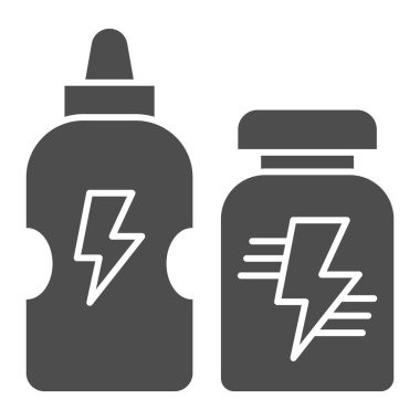 Sağlıklı beslenme içecek hattı ve katı bir ikon. Protein takviyeli spor karıştırıcılar, beyaz arka planda ana hatlı resim çizgileri. Mobil konsept ve web tasarımı için fitness işareti. Vektör grafikleri.