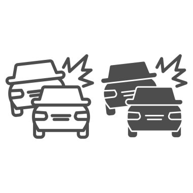 Trafik kazası hattı ve sağlam bir ikon. Bir araba kaza yapmış, güvenli sürüş sembolü var, beyaz arka planda resim çizimi var. Taşınabilir konsept için taşıma tabelası, web tasarımı. Vektör grafikleri.