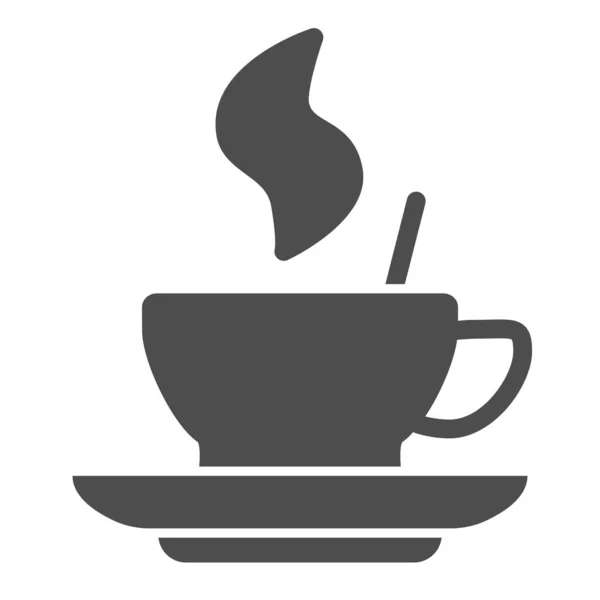 Hot coffee in a cup on saucer solid icon. Mug with drink and steam symbol, glyph style pictogram on white background. Caffeine or cafe sign for mobile concept, web design. Vector graphics. — Stock Vector