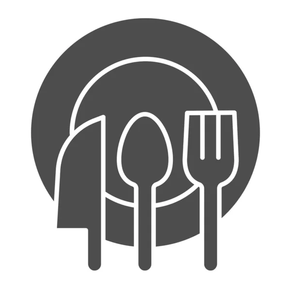 Cubertería e icono sólido. Cuchara, tenedor y cuchillo en el símbolo de la placa limpia, delinear pictograma estilo sobre fondo blanco. Signo de comida o cocina saludable para el concepto móvil y el diseño web. Gráficos vectoriales . — Archivo Imágenes Vectoriales