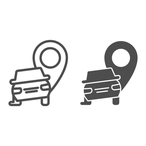 Car crash location line and solid icon. Auto with map pin pointer, safe driving symbol, outline style pictogram on white background. Road accident sign for mobile concept, web design. Vector graphics. — Stock Vector