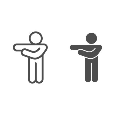 Kolları sol çizgiye dönük bir adam ve sağlam bir ikon. Beyaz arka planda iki kollu sol dış hatlı resim çizen adam. Mobil konsept ve web tasarımı için çubuk adam ya da stickman. Vektör grafikleri.