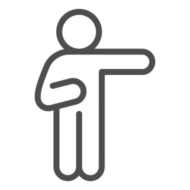 Sağ kol çizgisi ikonu olan bir adam. Adam beyaz arka planda doğru ana hatlı resim grafiğini gösteren bir el kaldırsın. Mobil konsept ve web tasarımı için insan pozları. Vektör grafikleri.