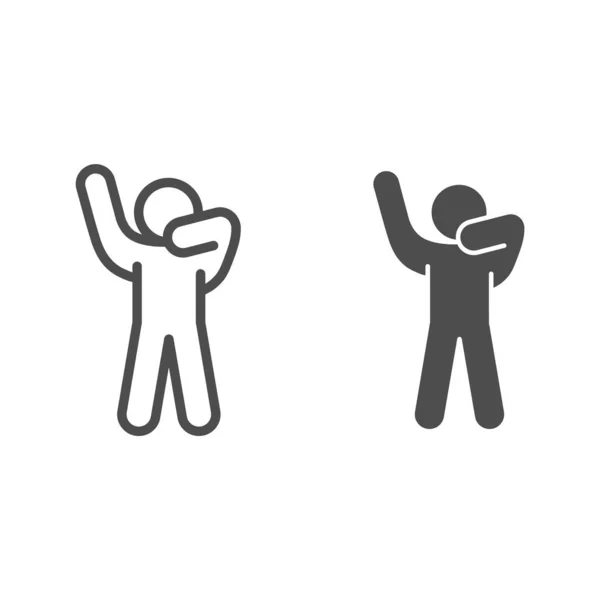 Plak figuur met handen omhoog lijn en solide pictogram. Man in front pose met opgeheven handen omtrek stijl pictogram op witte achtergrond. Menselijke poses voor mobiel concept en webdesign. vectorgrafieken. — Stockvector