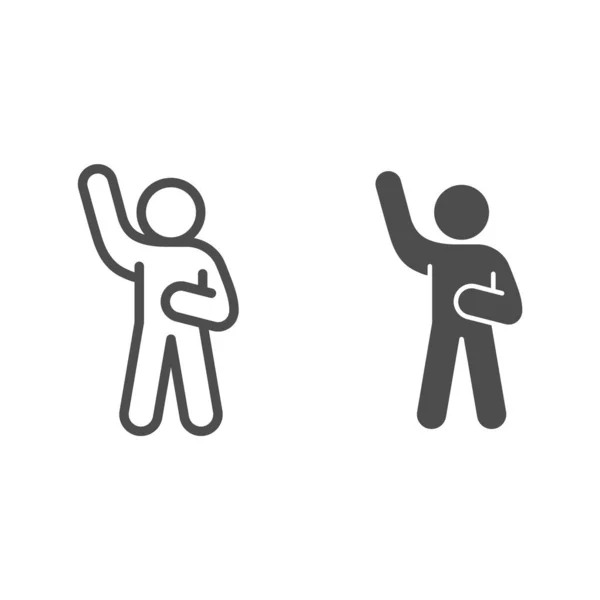 Versicherung oder Hallo-Pose-Linie und solides Symbol. Mann mit erhobener linker Hand auf weißem Hintergrund. Strichmännchen winken mit der Hand für mobiles Konzept und Webdesign. Vektorgrafik. — Stockvektor