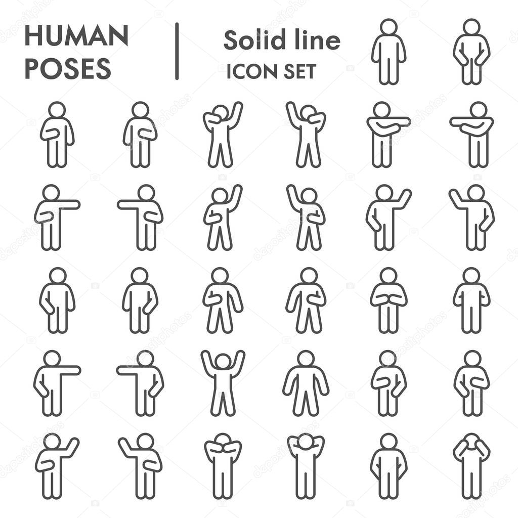 Human poses line icon set. Figure symbols collection or vector sketches. Basic body language signs for computer web, outline style pictogram package isolated on white background. Vector graphic.