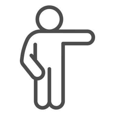 Adam doğru çizgi simgesini gösteriyor. Bir kolu aşağıda ve eli beyaz arka planda sağ dış hatları gösteren resim çizgisi olan bir adam. Mobil konsept ve web tasarımı için insan pozları. Vektör grafikleri.