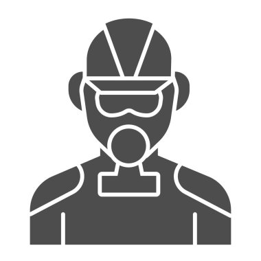 İtfaiyeci katı ikonu. Beyaz arka planda solunum cihazı kabartması olan itfaiyeci. İtfaiyeci üniformalı ve gaz maskeli bir adam mobil konsept ve web tasarımı için. Vektör grafikleri.