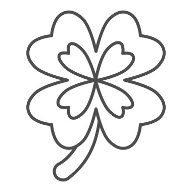 Şanslı dört yapraklı yonca ince çizgi ikonu. Fal özeti için İrlanda yoncası beyaz arka planda resim çizimi. Mobil konsept ve web tasarımı için mutlu Aziz Patrick günleri. Vektör grafikleri.