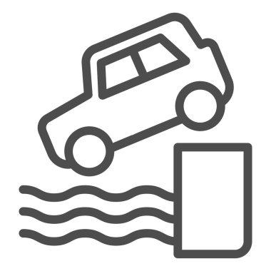 Su kazası çizgisi simgesi. Aracın deniz sembolüne düşmesi, beyaz arka planda ana hatlı resim. Mobil konsept ve web tasarımı için güvenli sürüş tabelası. Vektör grafikleri.