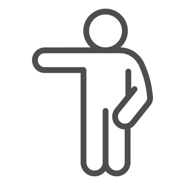 Man zeigt auf das Symbol der linken Linie. Mann mit einem Arm nach unten und einer Hand, die auf ein linkes Umrisspiktogramm auf weißem Hintergrund zeigt. Menschliche Posen für mobiles Konzept und Webdesign. Vektorgrafik. — Stockvektor