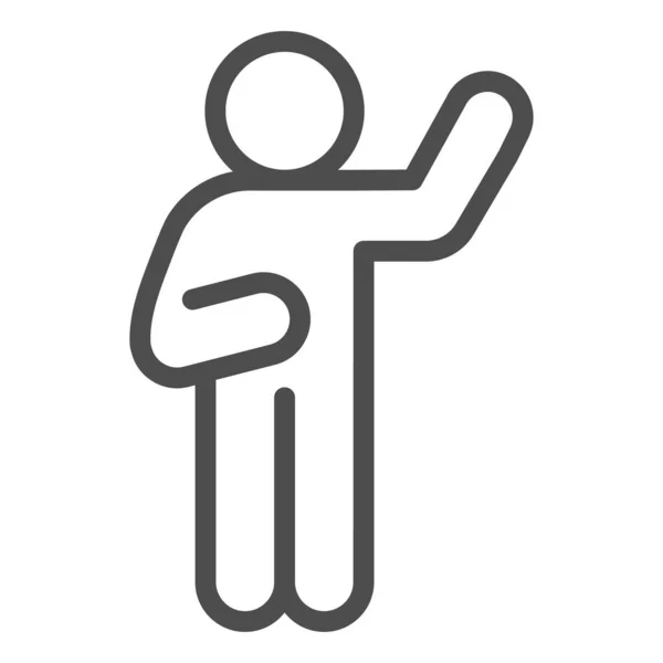 Hallo Pose Line-Symbol. Mann mit erhobener und gesenkter Hand auf dem linken Umrisspiktogramm auf weißem Hintergrund. Person winkt mit der Hand für mobiles Konzept und Webdesign. Vektorgrafik. — Stockvektor