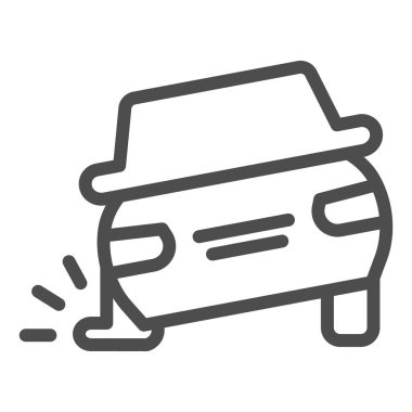 Patlak lastik izi ikonu. Tekerlek sembolü delinmiş bir araç kazası, beyaz arkaplanda ana hatlı resim. Mobil konsept ve web tasarımı için trafik kazası tabelası. Vektör grafikleri.