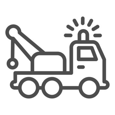 Çekici hattı simgesi. Vinç ve işaret siren sembollü araç enkazı, beyaz arka planda ana hatlı resim. Mobil konsept ve web tasarımı için trafik kazası tabelası. Vektör grafikleri.