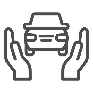 Araba sigortası ikonu. Otomatik koruma, iki el sembolüyle destekleniyor, beyaz arkaplanda ana hatlı resim çizimi. Mobil konsept ve web tasarımı için trafik kazası tabelası. Vektör grafikleri.