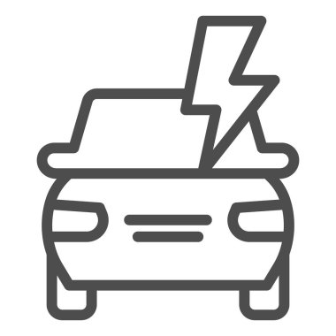 Elektrikli araba aküsü ikonu. Otomobil gücü, şimşek, güvenli sürüş sembolü, beyaz arka planda ana hatlı resim. Taşınabilir konsept için taşıma tabelası, web tasarımı. Vektör grafikleri.