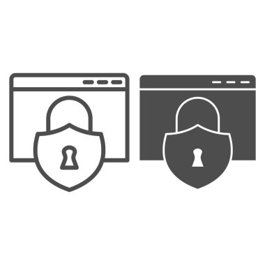 Korunma penceresi hattı ve sağlam bir ikon. Kilitli web tarayıcı güvenliği. Güvenlik teknolojisi vektör tasarımı konsepti, beyaz arka planda ana hatlı resim çizimi, web ve uygulama için kullanım. Eps 10.