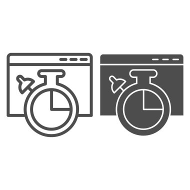 Bağlantı hızı pencere çizgisi ve katı simge. Kronometresi olan web tarayıcı sayfası. Dünya çapında web vektör tasarımı konsepti, beyaz arka planda ana hatlı resim çizimi, web ve uygulama için kullanım. Eps 10.