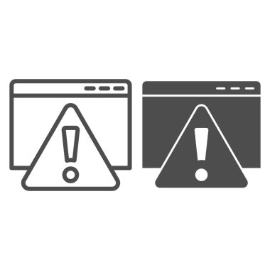 Web sayfası satırındaki hata iletisi ve sağlam simge. Dikkat üçgeni olan bir site. Bilgi teknolojisi vektör tasarımı konsepti, beyaz arkaplan üzerinde taslak biçim piktogramı, web ve uygulama için kullan. Eps 10.