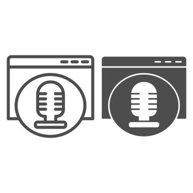 Ses kaydı web sayfası ve sağlam simge. Mikrofonlu ses kaydedici uygulama. Çokluortam web sitesi vektör tasarımı konsepti, beyaz arka planda taslak biçim piktogramı, web ve uygulama için kullan. Eps 10.