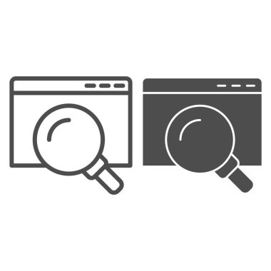 Pencere sayfası satırını ve simgeyi ara. Büyüteci olan bir web tarayıcısı. İnternet teknolojisi vektör tasarımı konsepti, beyaz arka planda ana hatlı resim çizimi, web ve uygulama için kullanım. Eps 10.